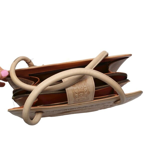 Vintage Mexican Tan Tooled Leather Handbag Purse Mayan Art Bull Retro Top Handle - Picture 9 of 16